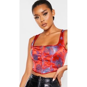 Pretty Little Thing Red Satin Floral Corset Top